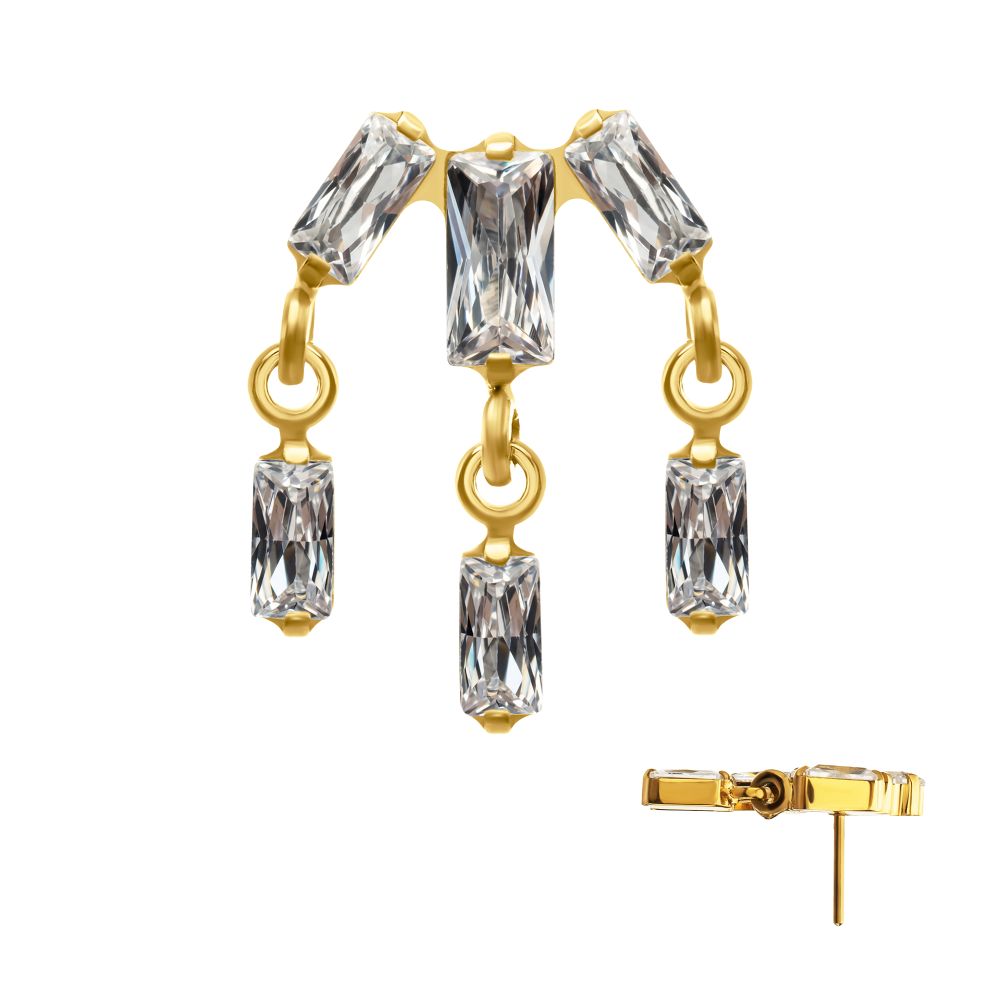 24Kt Gold PVD Titanium Threadless 3-Cluster Baguette Prong Set Gem Top with Dangle Gem
