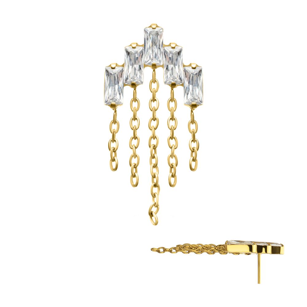 24Kt Gold PVD Titanium Threadless 5-Cluster Baguette Prong Set Gem Top with Chain Dangle