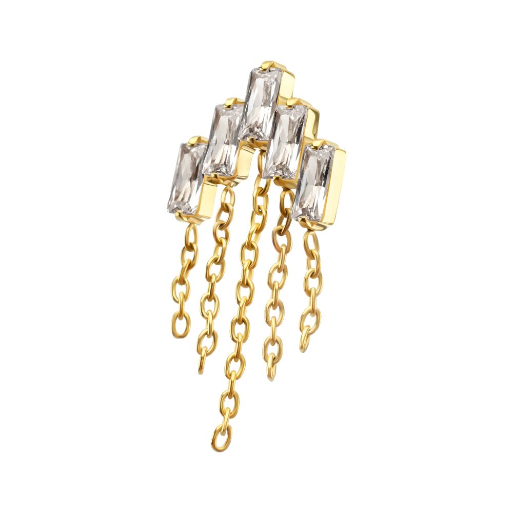 24Kt Gold PVD Titanium Threadless 5-Cluster Baguette Prong Set Gem Top with Chain Dangle
