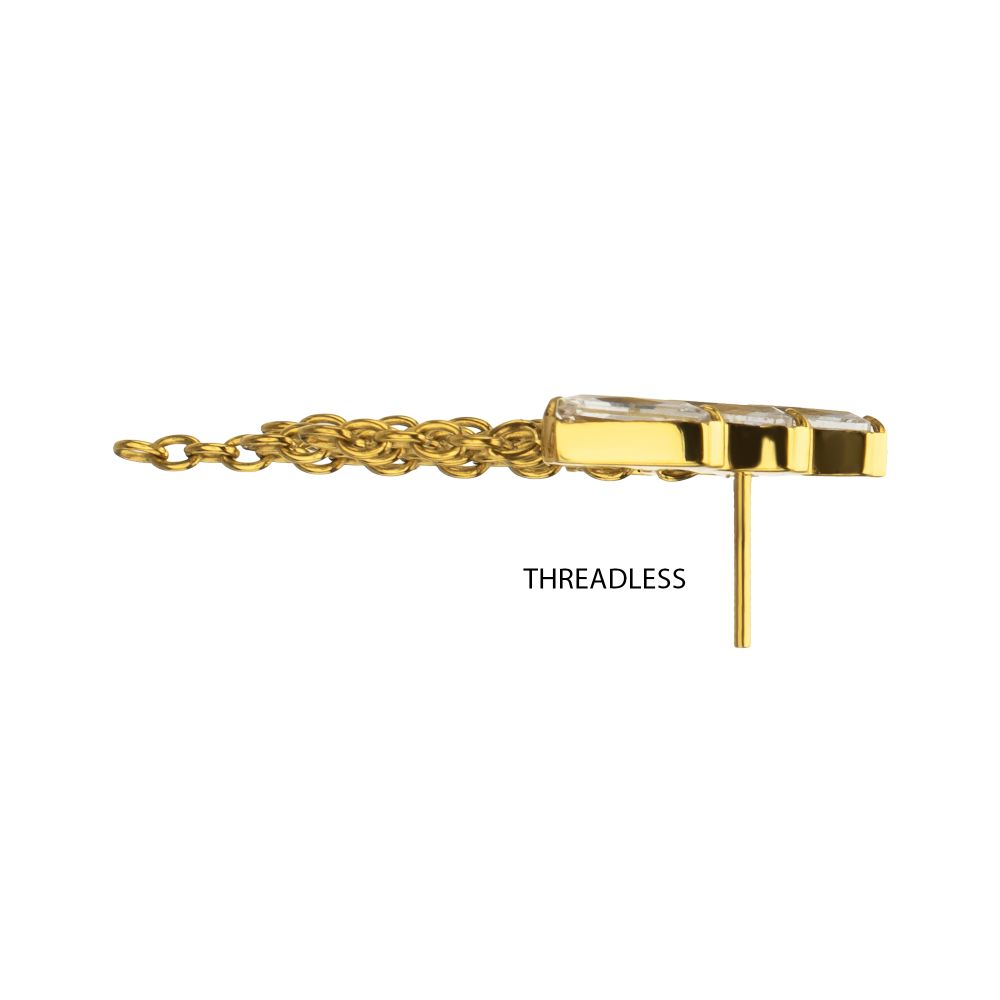 24Kt Gold PVD Titanium Threadless 5-Cluster Baguette Prong Set Gem Top with Chain Dangle