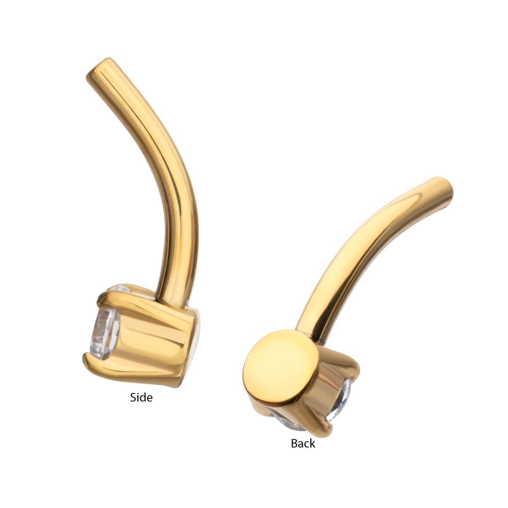 24Kt Gold PVD Titanium Threadless Prong Set CZ Fixed Bottom Curved Barbell