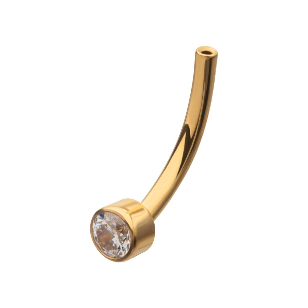 24Kt Gold PVD Threadless Bezel Set CZ Fixed Disc Bottom Curved Barbell