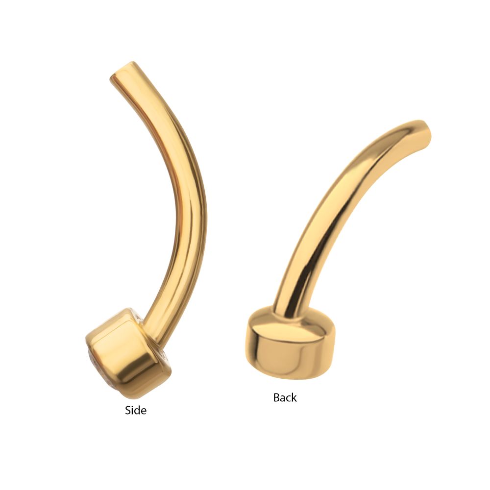 24Kt Gold PVD Threadless Bezel Set CZ Fixed Disc Bottom Curved Barbell