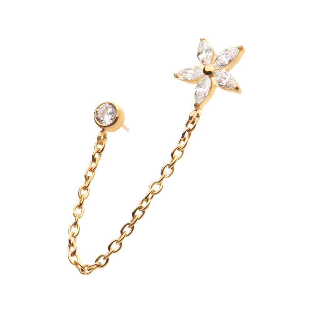 24Kt Gold PVD Titanium Threadless Marquise Flower Shape & Bezel Round Gem Top with Dangle Rolo Chain