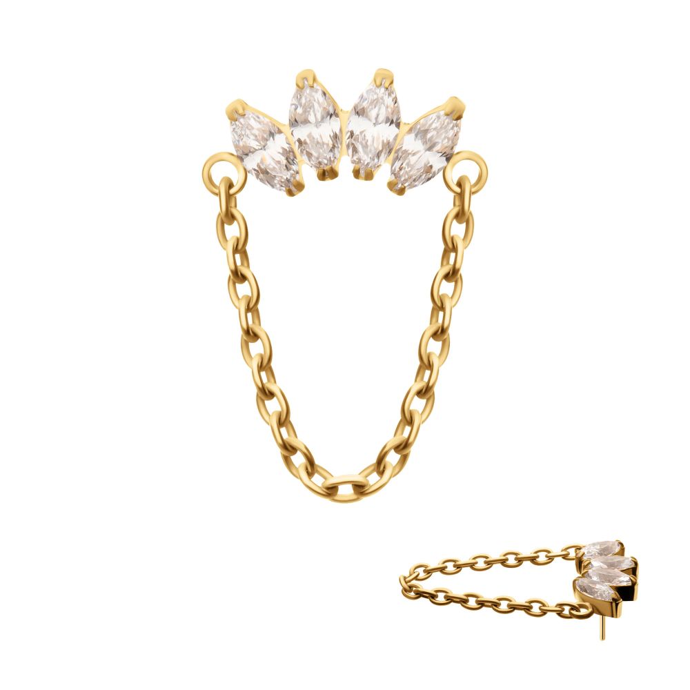 24Kt Gold PVD Titanium Threadless 4 Marquise Prong Gem Cluster Top with Chain Dangle