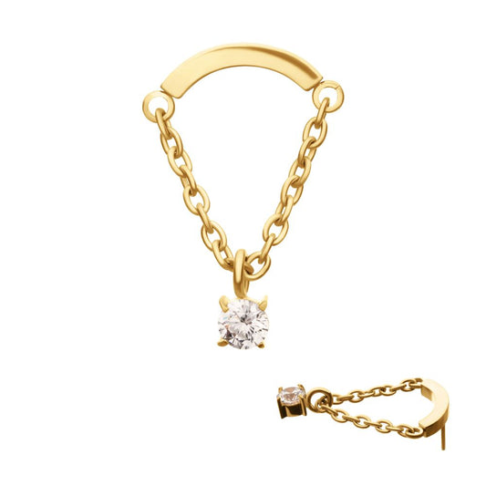 24Kt Gold PVD Titanium Threadless Curved Bar Top with Prong Set Gem Chain Dangle
