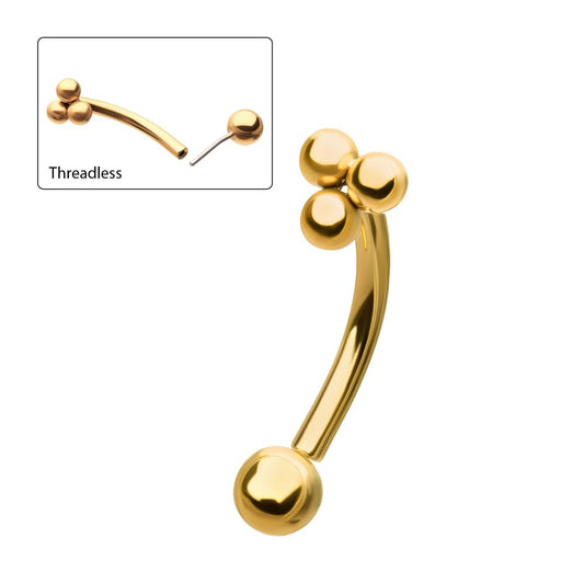 24kt Gold PVD Titanium Tri-Bead Fixed Top with Threadless Bottom Curved Barbell