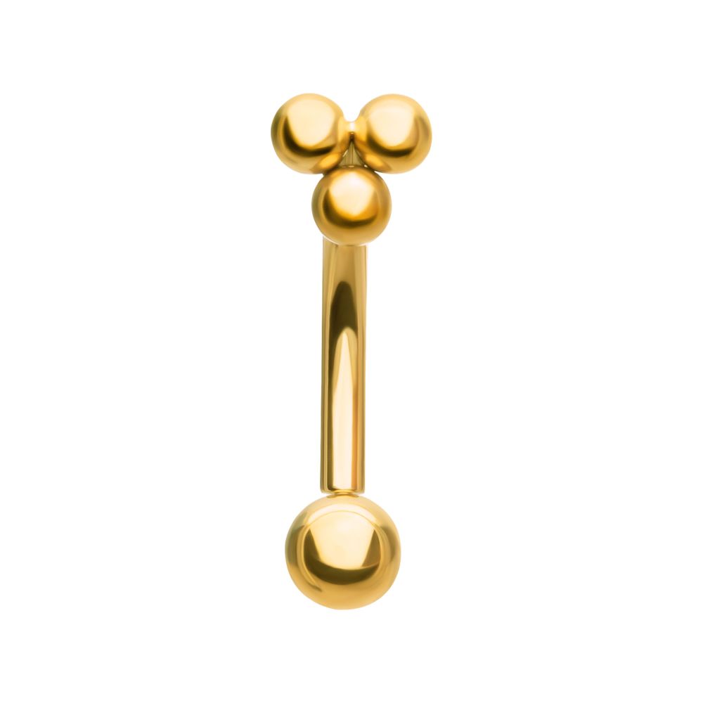 24kt Gold PVD Titanium Tri-Bead Fixed Top with Threadless Bottom Curved Barbell