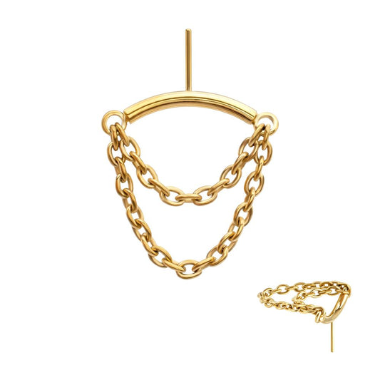 24Kt Gold PVD Titanium Threadless Hidden Helix Curved Bar Top with 2-Tier Chain Dangle