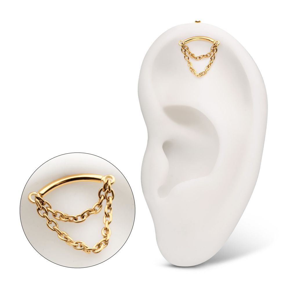 24Kt Gold PVD Titanium Threadless Hidden Helix Curved Bar Top with 2-Tier Chain Dangle