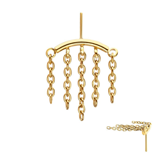 24Kt Gold PVD Titanium Threadless Hidden Helix Curved Bar Top with 5-Chain Dangle