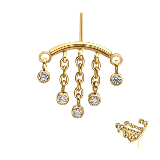 24Kt Gold PVD Titanium Threadless Hidden Helix Curved Bar Top with 5-Chain Bezel Gem Dangle