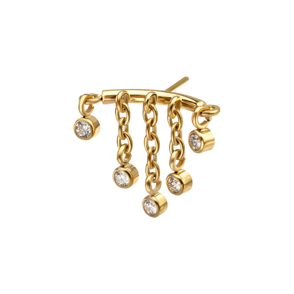 24Kt Gold PVD Titanium Threadless Hidden Helix Curved Bar Top with 5-Chain Bezel Gem Dangle