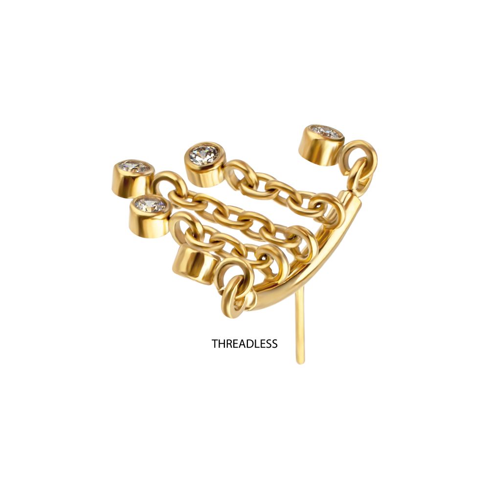 24Kt Gold PVD Titanium Threadless Hidden Helix Curved Bar Top with 5-Chain Bezel Gem Dangle