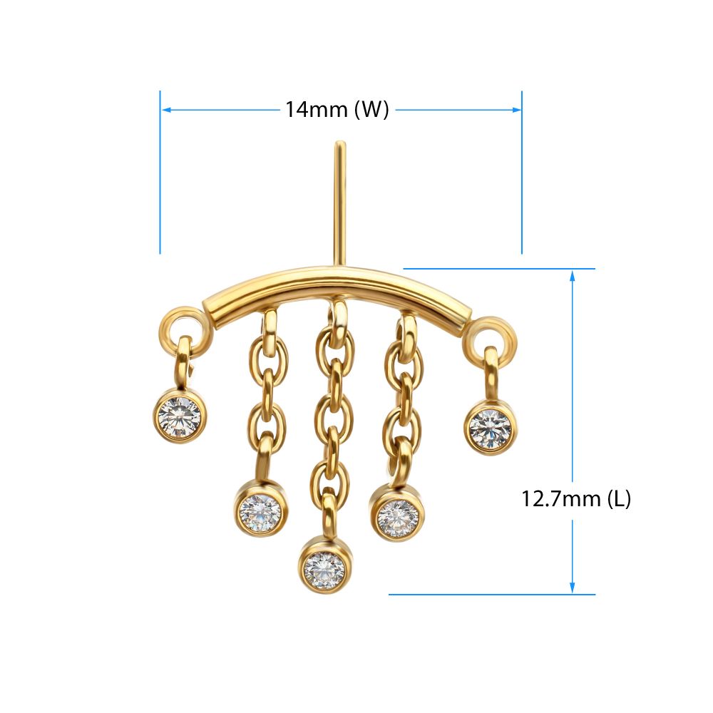 24Kt Gold PVD Titanium Threadless Hidden Helix Curved Bar Top with 5-Chain Bezel Gem Dangle
