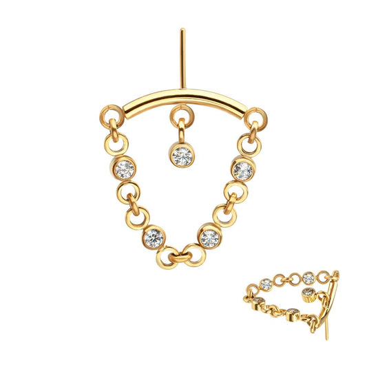 24Kt Gold PVD Titanium Threadless Hidden Helix Curved Bar Top with CZ Chain Dangle & Floating Gem