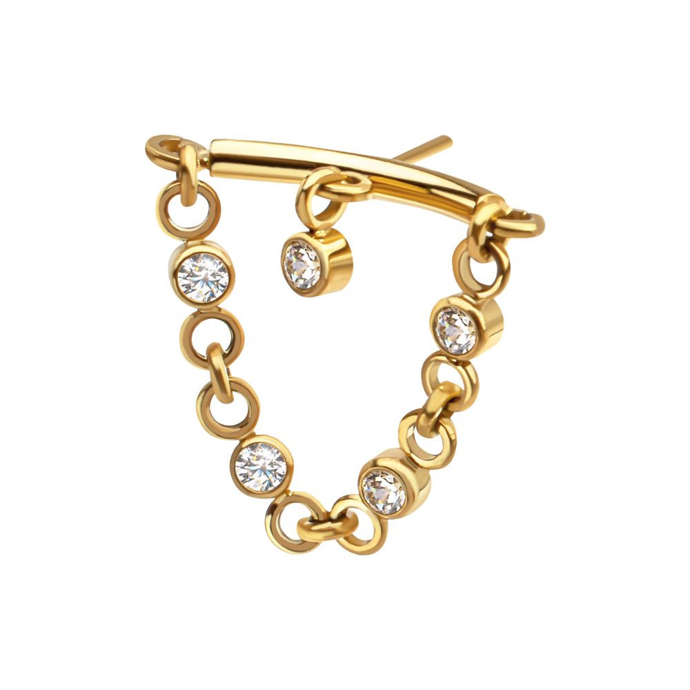 24Kt Gold PVD Titanium Threadless Hidden Helix Curved Bar Top with CZ Chain Dangle & Floating Gem