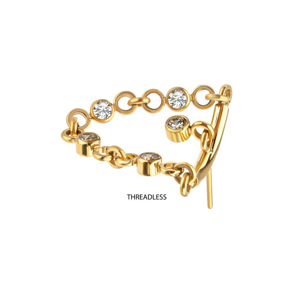 24Kt Gold PVD Titanium Threadless Hidden Helix Curved Bar Top with CZ Chain Dangle & Floating Gem