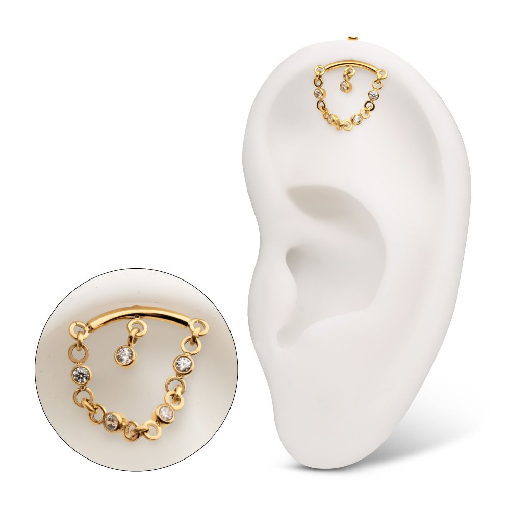 24Kt Gold PVD Titanium Threadless Hidden Helix Curved Bar Top with CZ Chain Dangle & Floating Gem