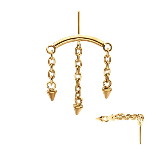 24Kt Gold PVD Titanium Threadless Hidden Helix Curved Bar Top with 3 Spiked Chain Dangle