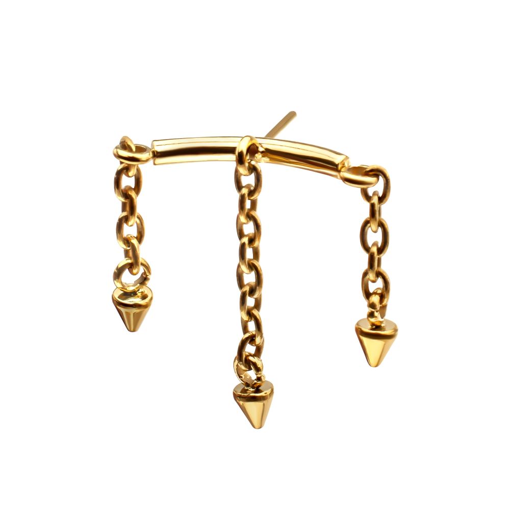 24Kt Gold PVD Titanium Threadless Hidden Helix Curved Bar Top with 3 Spiked Chain Dangle