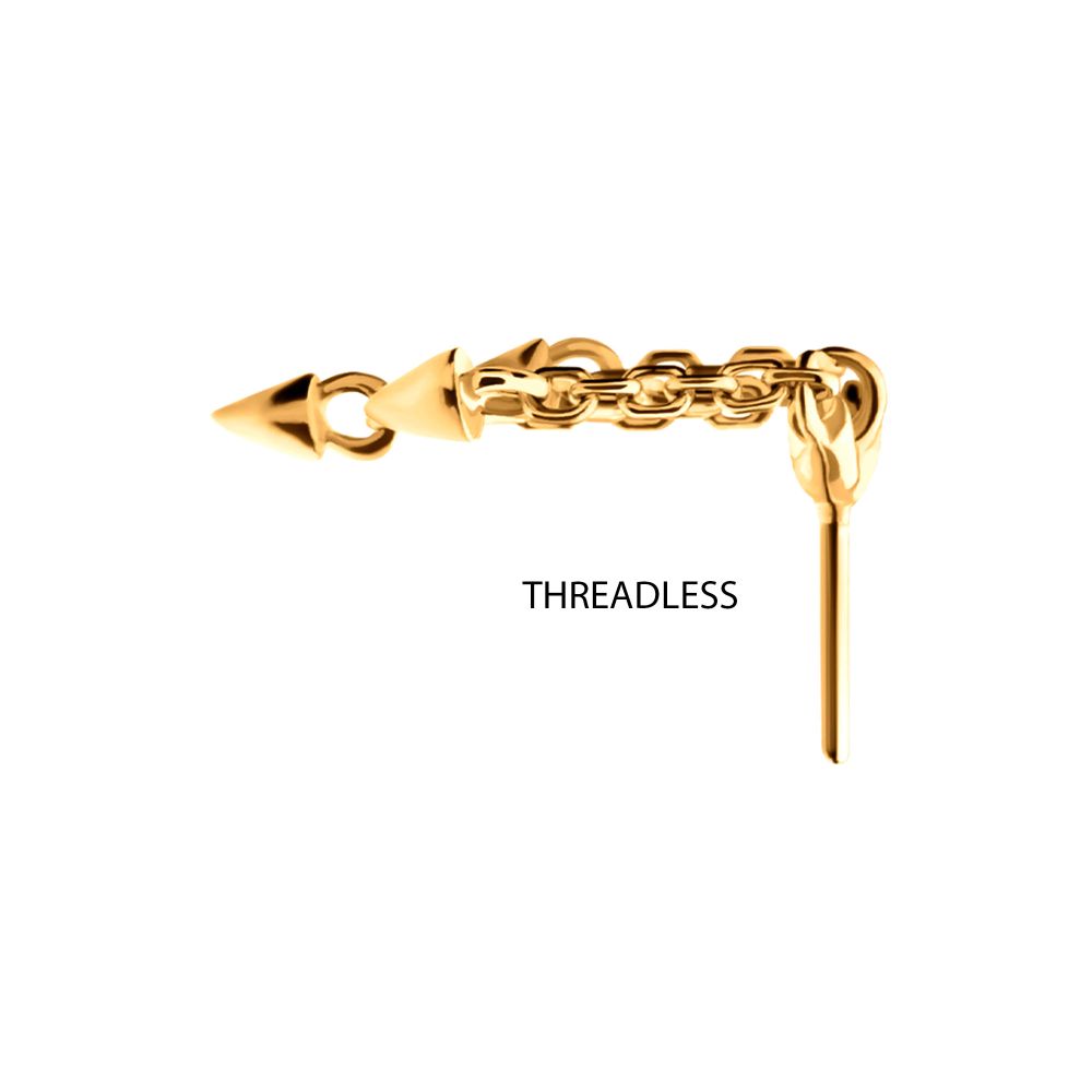 24Kt Gold PVD Titanium Threadless Hidden Helix Curved Bar Top with 3 Spiked Chain Dangle