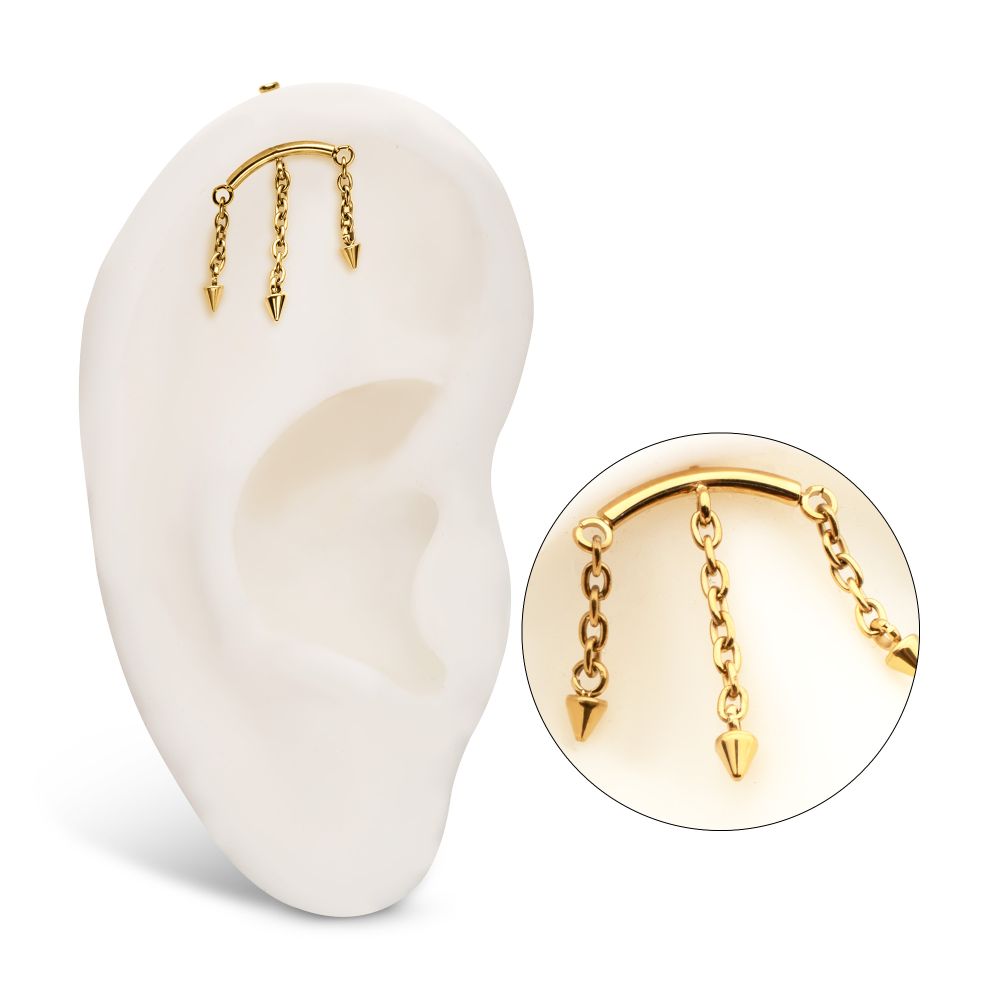 24Kt Gold PVD Titanium Threadless Hidden Helix Curved Bar Top with 3 Spiked Chain Dangle