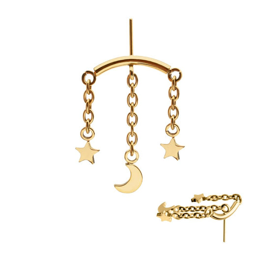 24Kt Gold PVD Titanium Threadless Hidden Helix Curved Bar Top with Crescent Moon and Star 3-Chain Dangle