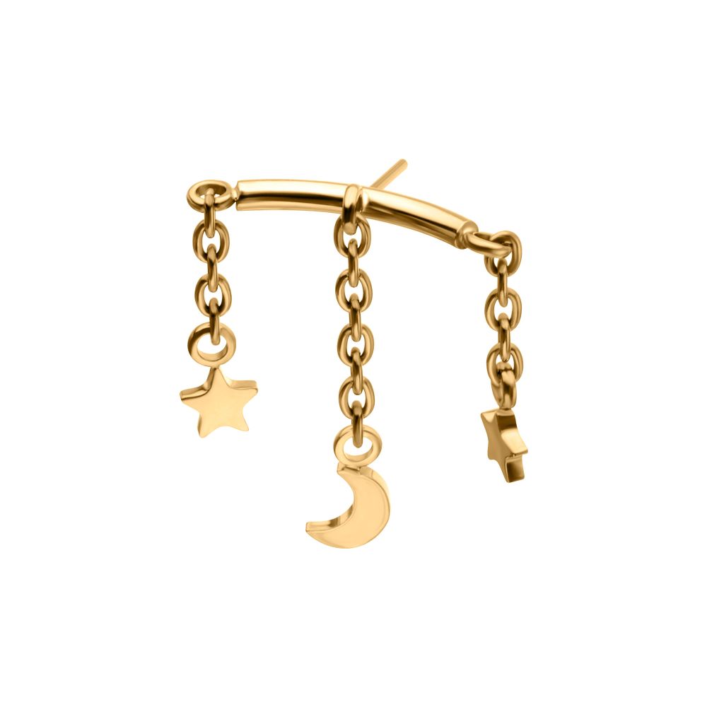 24Kt Gold PVD Titanium Threadless Hidden Helix Curved Bar Top with Crescent Moon and Star 3-Chain Dangle