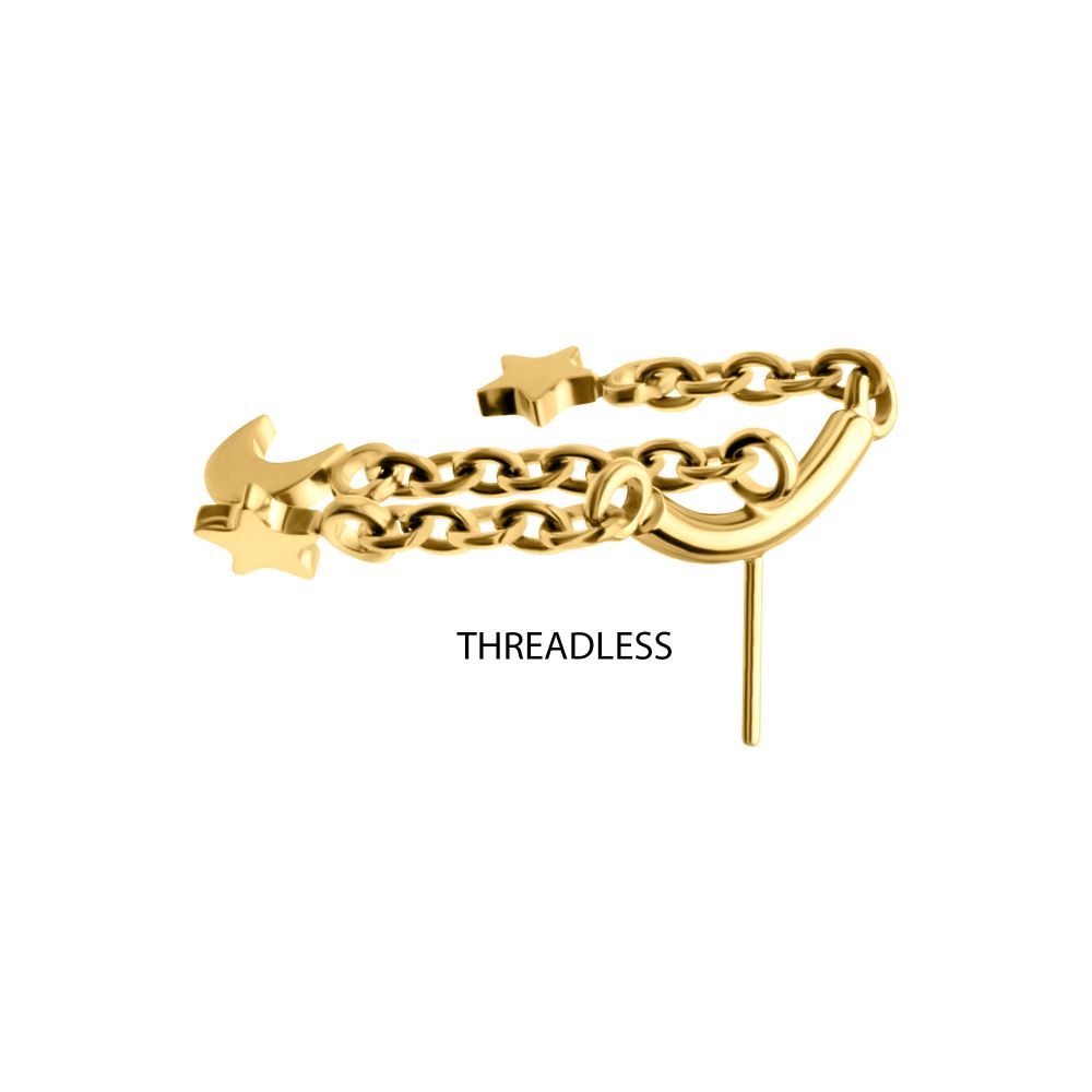 24Kt Gold PVD Titanium Threadless Hidden Helix Curved Bar Top with Crescent Moon and Star 3-Chain Dangle