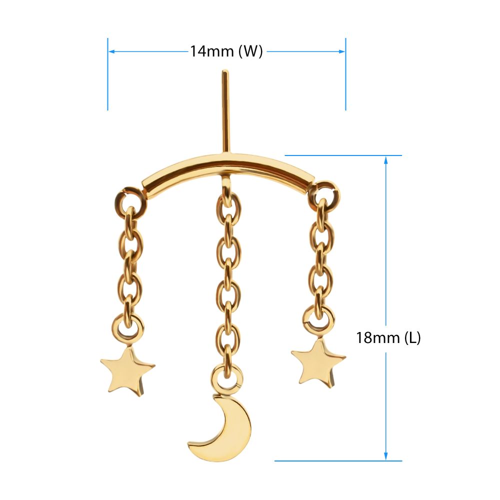 24Kt Gold PVD Titanium Threadless Hidden Helix Curved Bar Top with Crescent Moon and Star 3-Chain Dangle