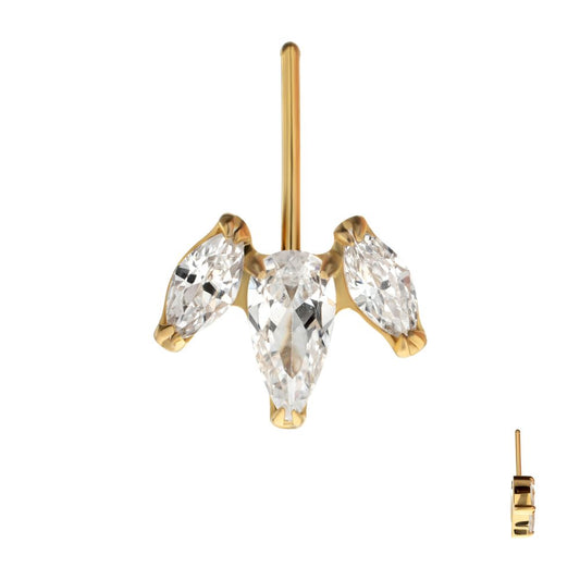 24Kt Gold PVD Titanium Threadless Vertical Helix V-Prong Pear Trio Blossom Cluster Top