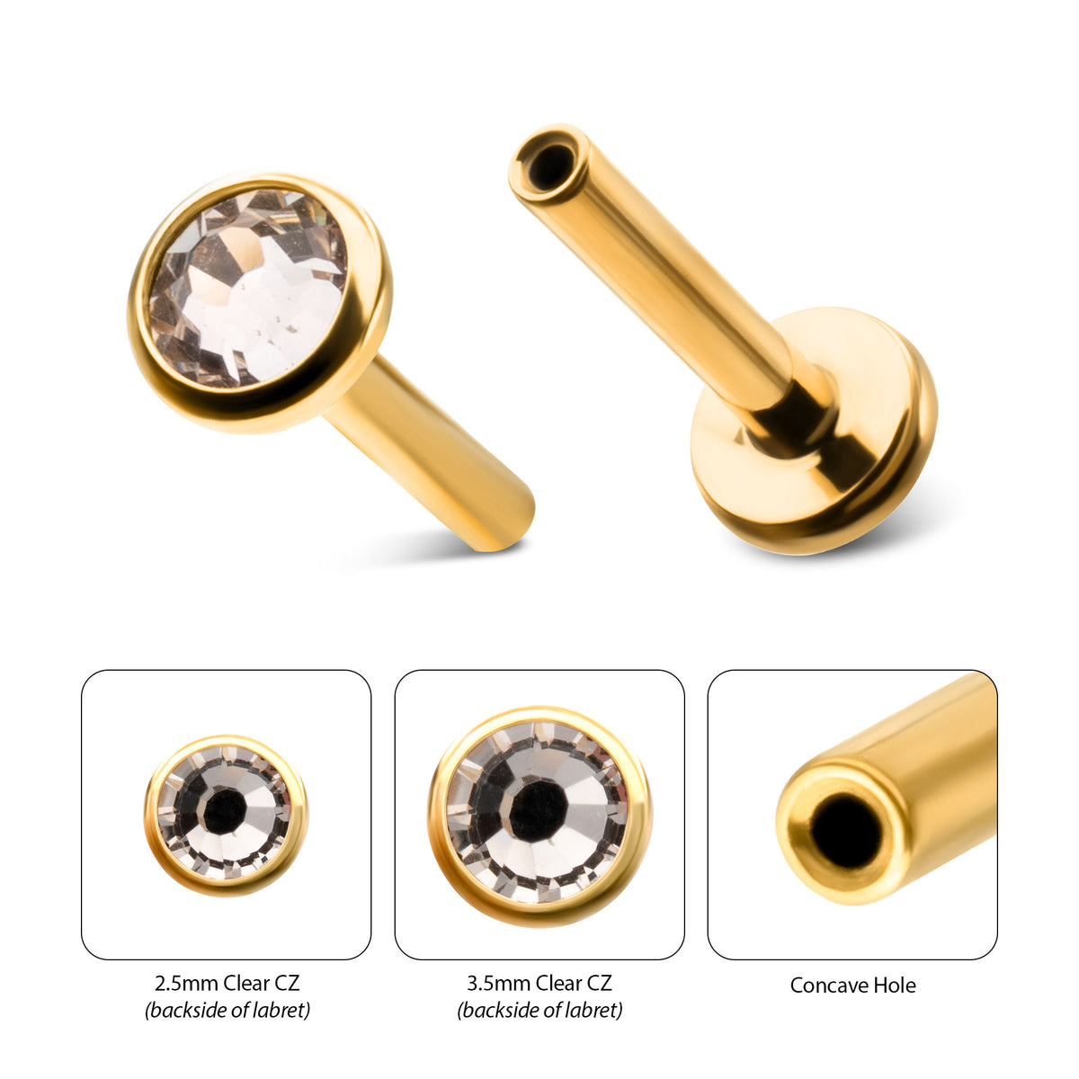 24Kt Gold PVD Titanium Threadless Bezel Gem Back Duality Labret (Base Only)