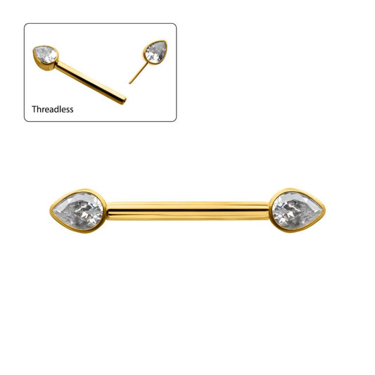24Kt Gold PVD Titanium Bezel Set Teardrop Gem End Nipple Barbell (One Side Fixed, One Side Threadless) | Sold by piece