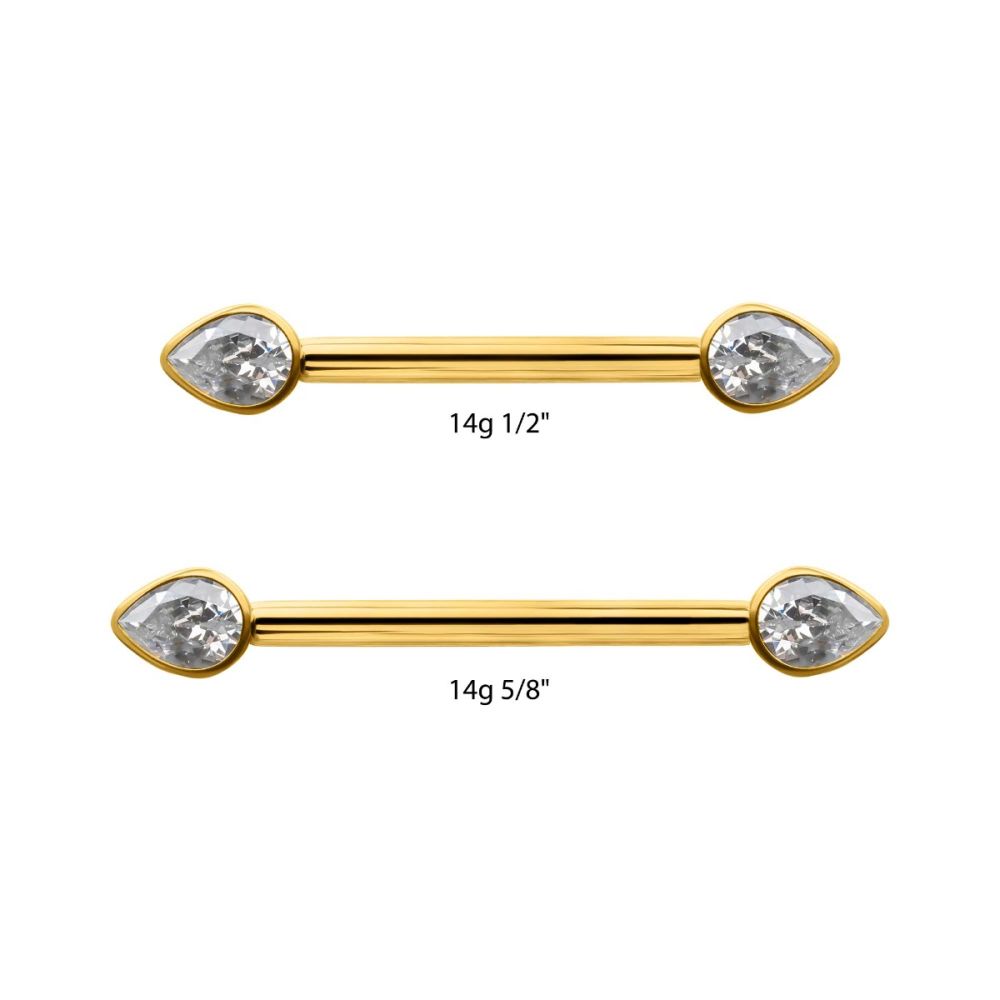 24Kt Gold PVD Titanium Bezel Set Teardrop Gem End Nipple Barbell (One Side Fixed, One Side Threadless) | Sold by piece