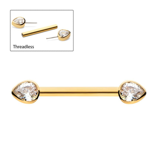 24Kt Gold PVD Titanium Threadless Bezel Teardrop CZ Nipple Barbell | Sold by piece