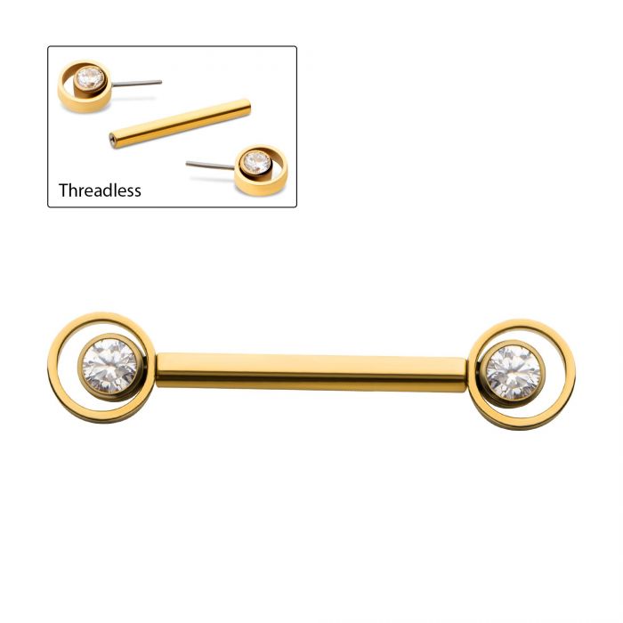 24Kt Gold PVD Titanium Threadless Bezel Round CZ Orbit Nipple Barbell | Sold by piece