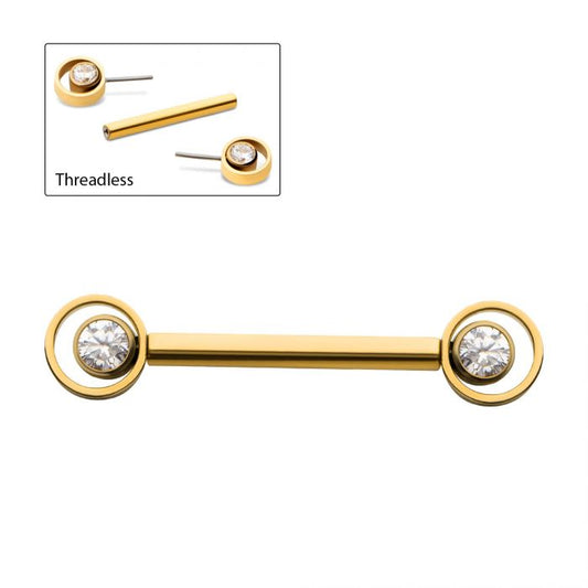 24Kt Gold PVD Titanium Threadless Bezel Round CZ Orbit Nipple Barbell | Sold by piece