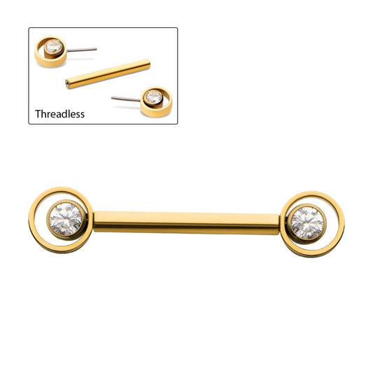 24Kt-Gold PVD Titanium Threadless Bezel Round CZ Orbit Nipple Barbell | Sold by piece
