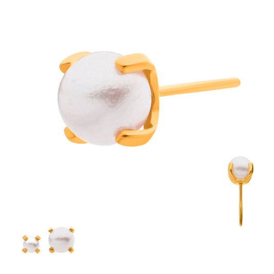 24Kt Gold PVD Titanium Threadless Prong Set White Swarovski Pearl Top