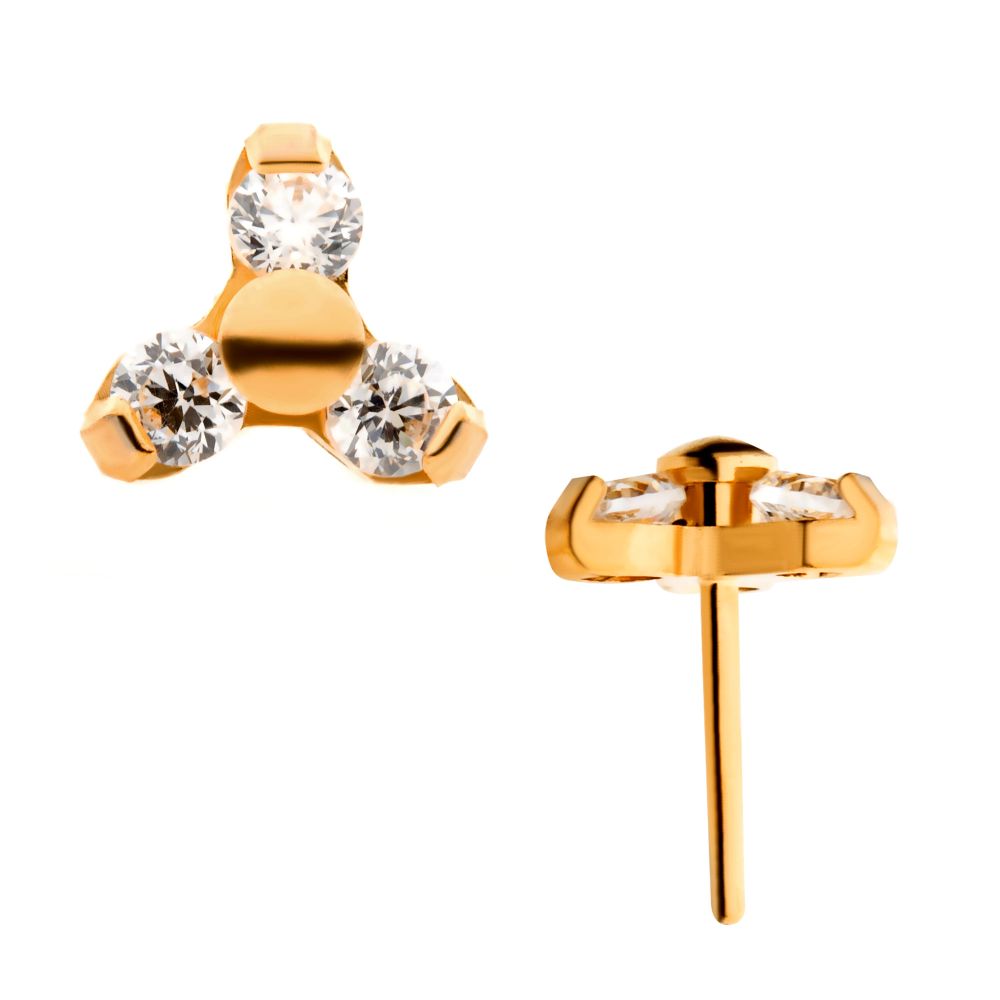24Kt Gold PVD Titanium Threadless Pronged Round CZ Trinity Top