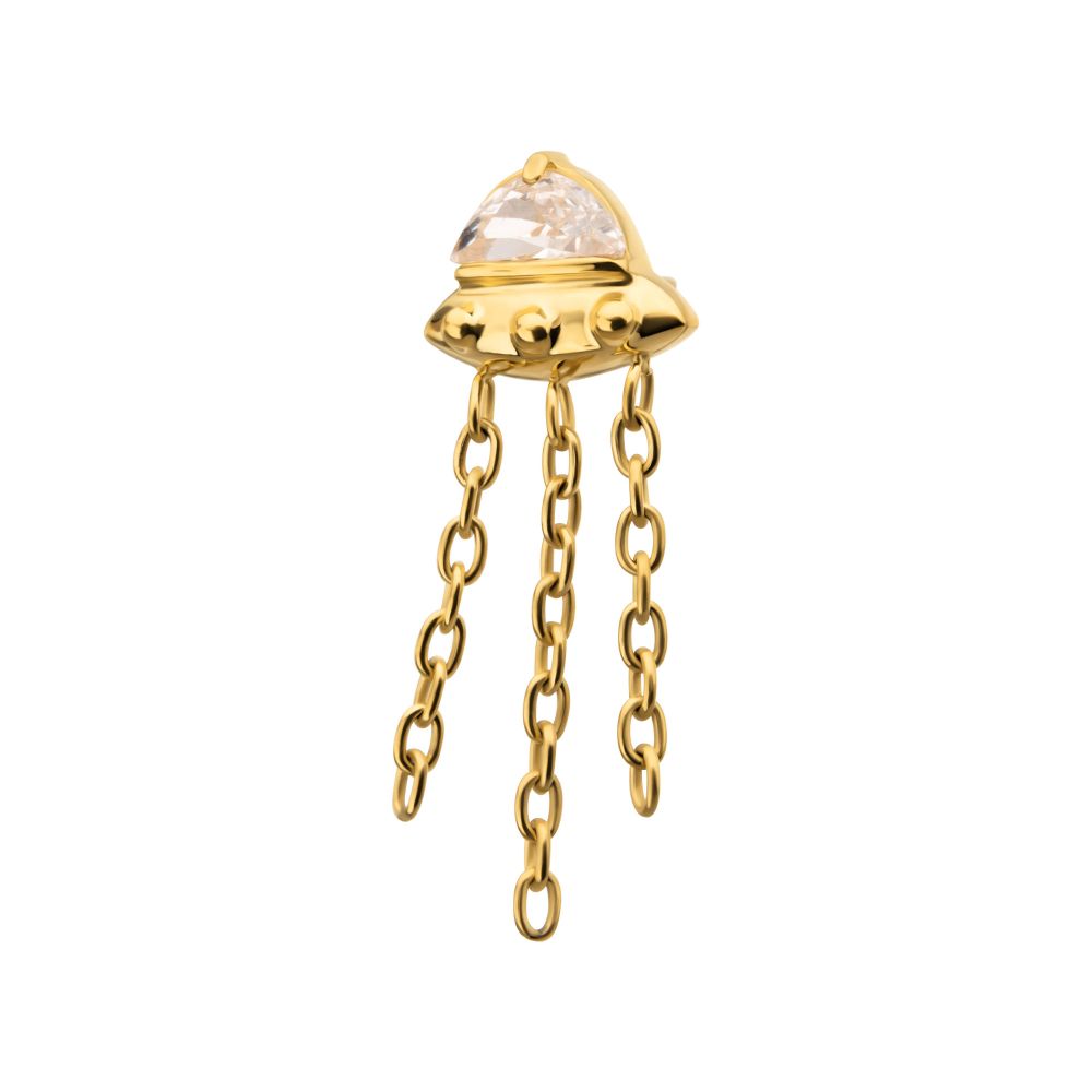 24KT Gold PVD Titanium Threadless 3D UFO Gem Top with Small Triple Chain Dangle