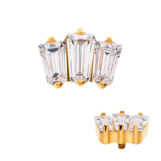 24Kt Gold PVD Titanium Internally Threaded Prong Set Baguette CZ 3-Cluster Top