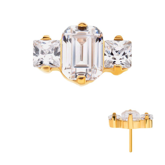 24Kt Gold PVD Titanium Threadless Prong Set Emerald Cut & Princess Gem 3-Cluster Top