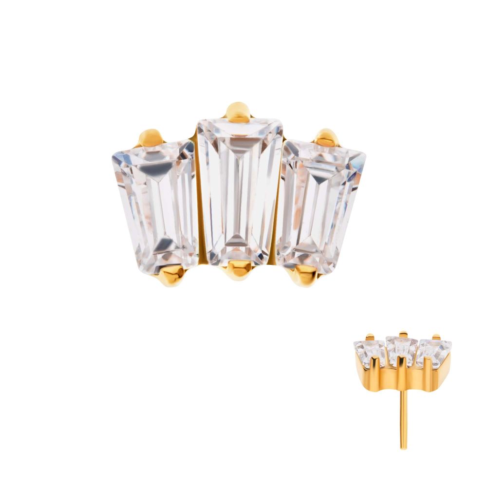 24Kt Gold PVD Titanium Threadless Prong Set Baguette CZ 3-Cluster Top