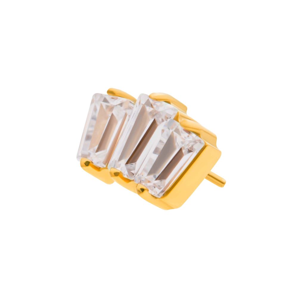 24Kt Gold PVD Titanium Threadless Prong Set Baguette CZ 3-Cluster Top