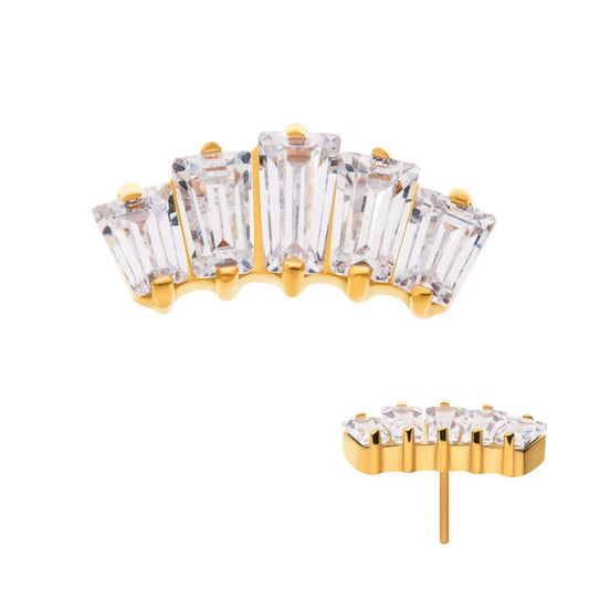 24Kt Gold PVD Titanium Threadless Prong Set Baguette CZ 5-Cluster Top