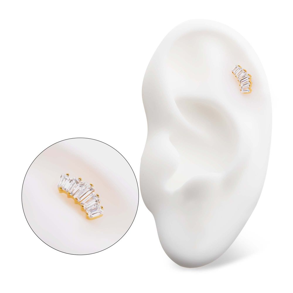 24Kt Gold PVD Titanium Threadless Prong Set Baguette CZ 5-Cluster Top