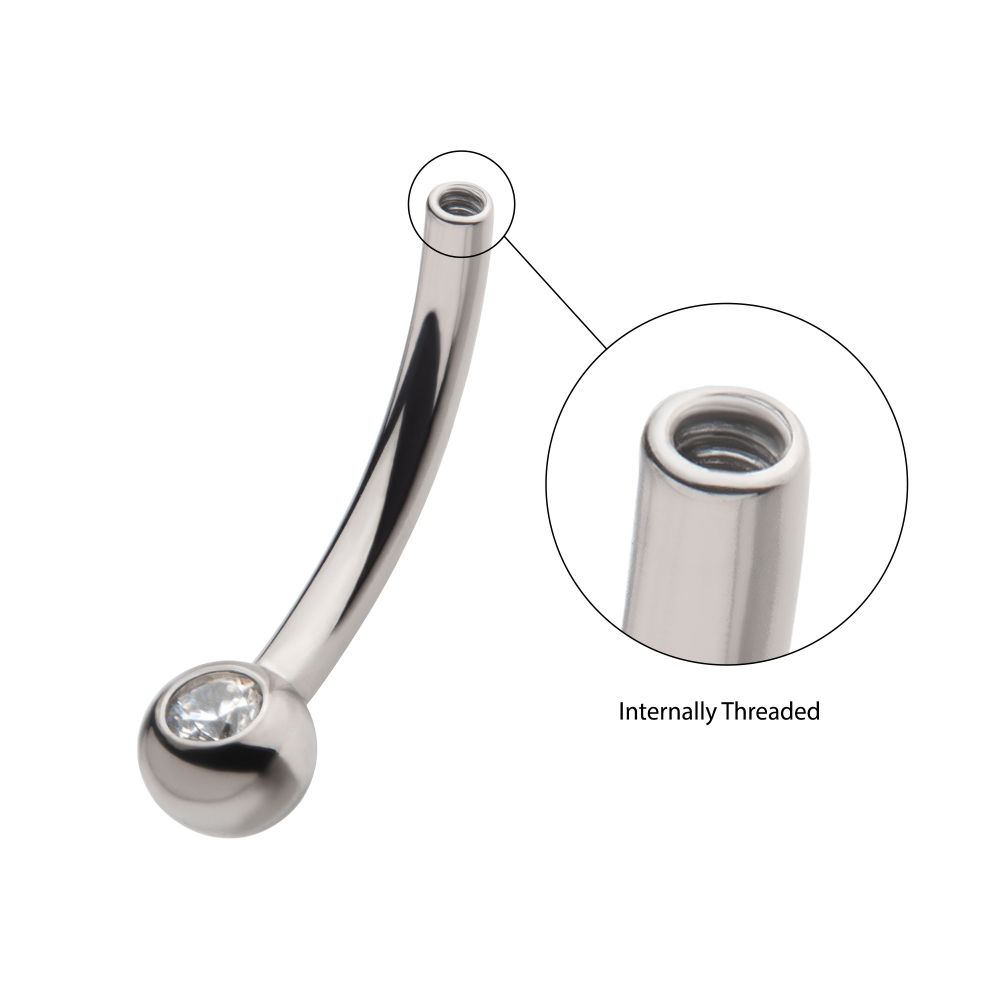 Titanium Internally Threaded with Bezel Set CZ/Opal Fixed Ball Bottom Curved Barbell