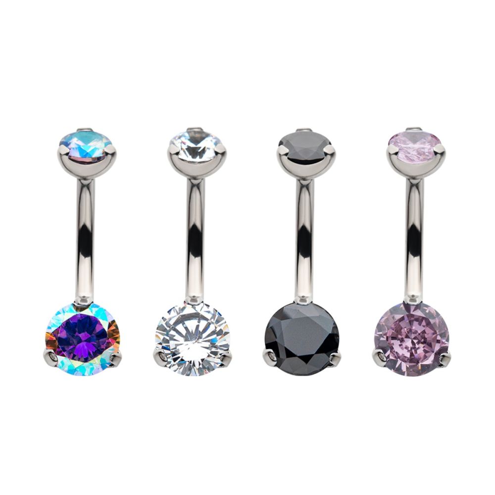 Titanium Internally Threaded with Prong Set Round AAA CZ Fixed Navel